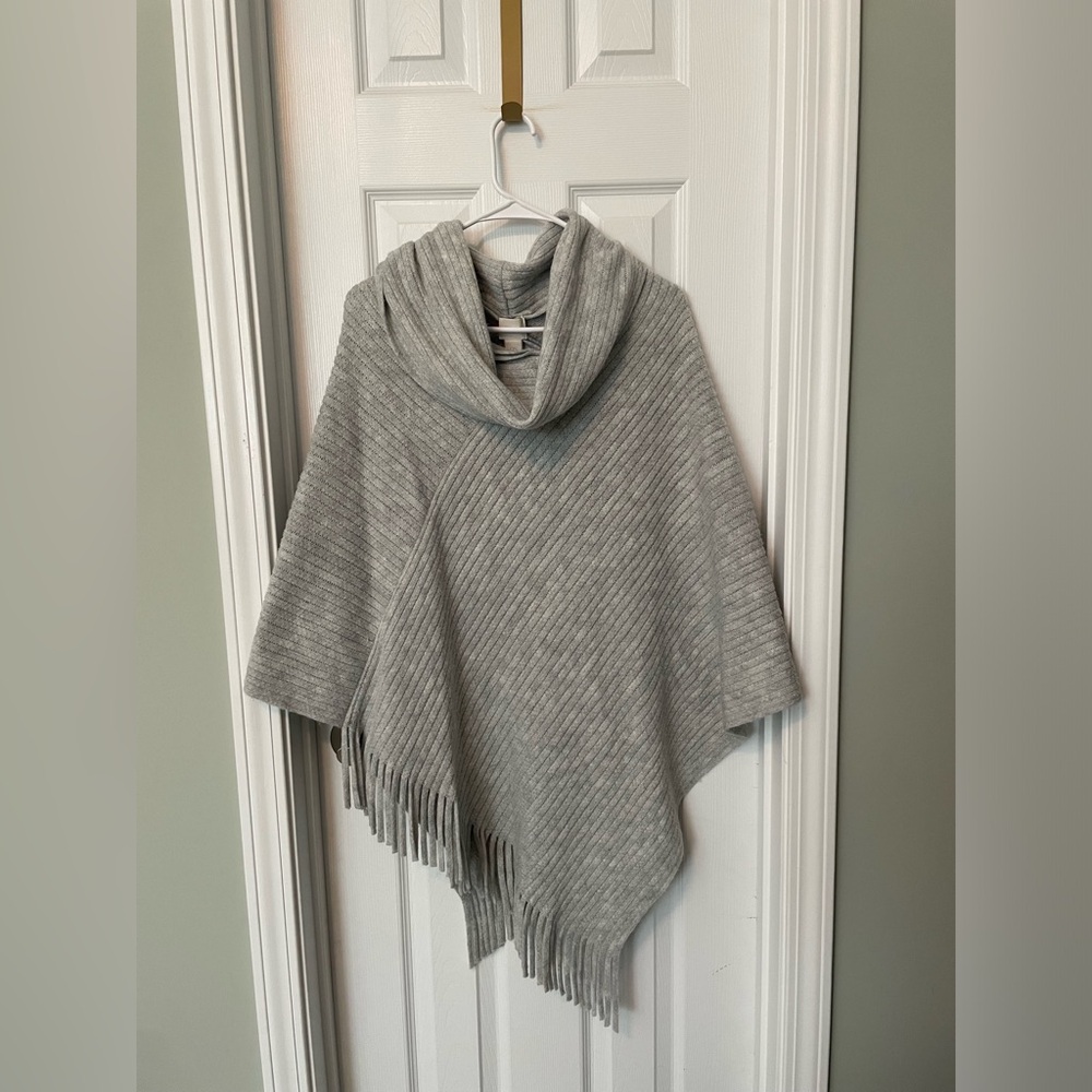 Chico’s Gray Cowl Neck Fringe Sweater Poncho - Picture 2 of 4